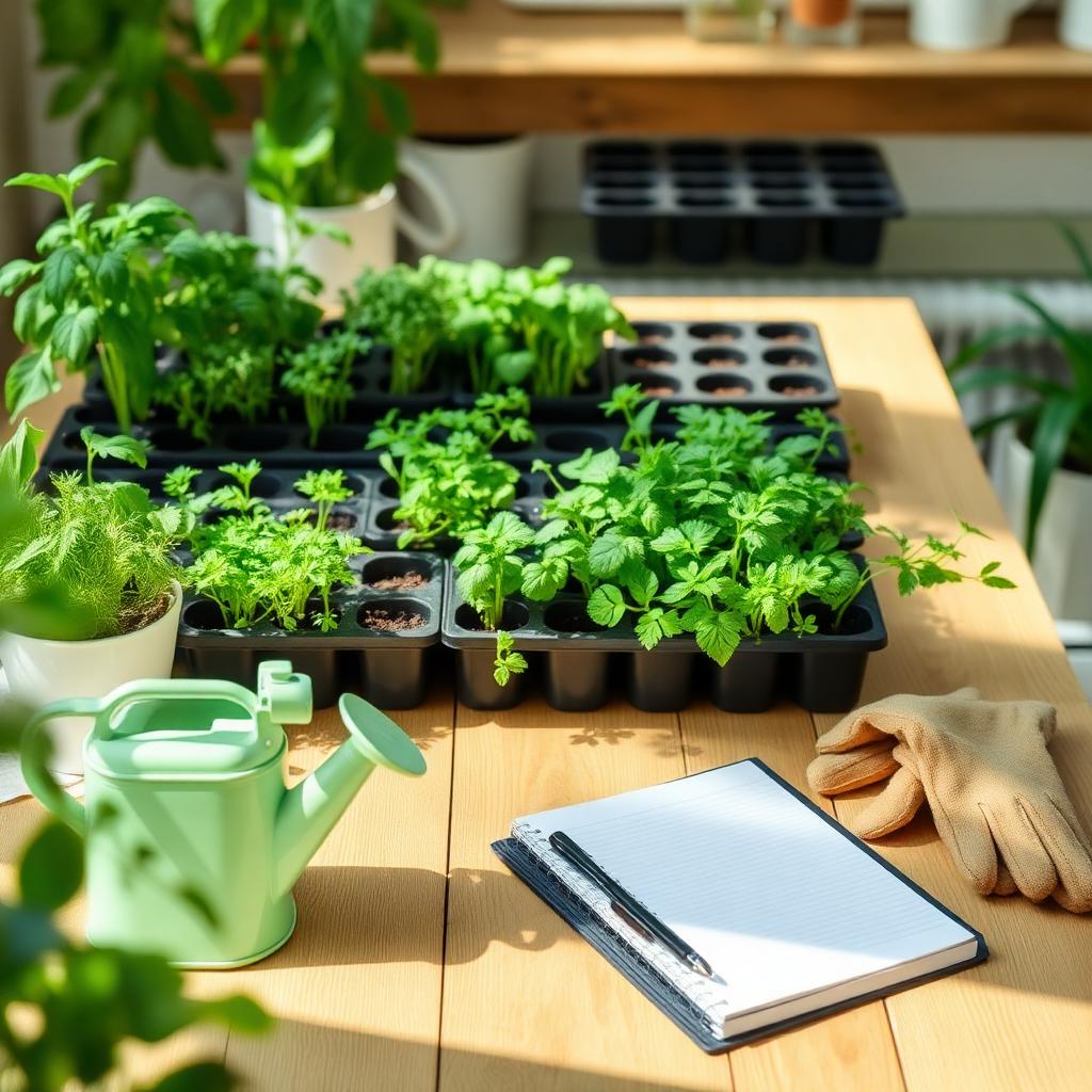 Seedling trays, herbs, a watering can and gardening gloves on a sunlit wooden table
